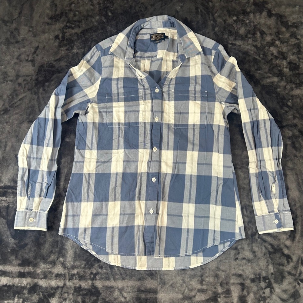 Pendleton Button Down Shirt Womens Size M Blue White Plaid Long Sleeve Pockets